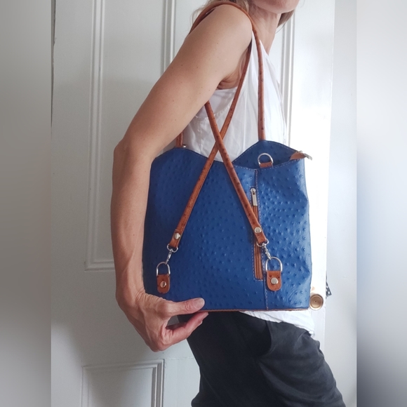 Borse in Pelle Italian Ostrich Leather Tote/Backpack Royal Blue and Tan - Picture 5 of 14